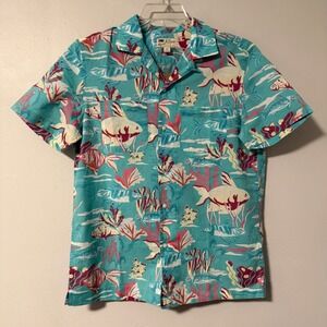 J Crew Mens S‎ Short Sleeve Button Up Shirt Aqua Fish Coral Print Cotton Linen